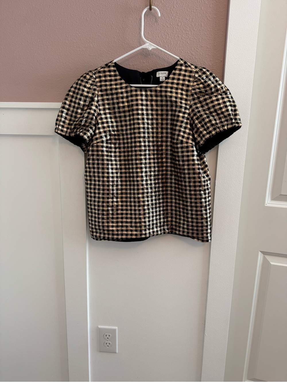 J.Crew Metallic Gold Gingham Puff Sleeve Blouse
